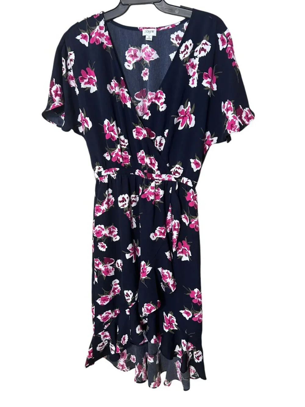 J. Crew Black Pink Floral Flutter Sleeve Ruffle Hem Dress Size S